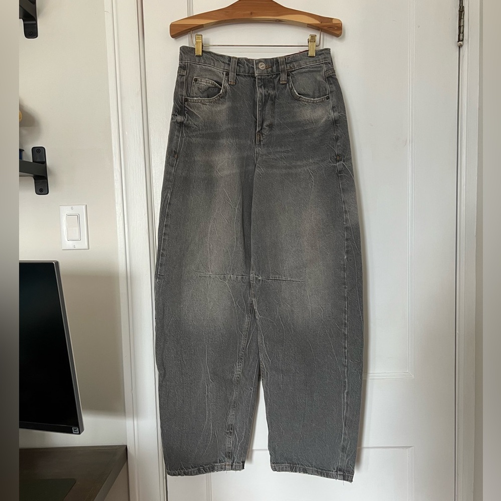 High-Waist Washed Grey Denim Barrel Jeans